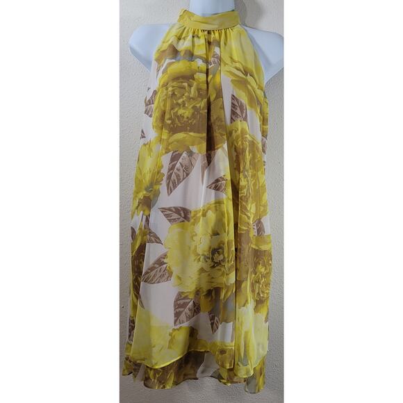 Eliza J Yellow White Tan Floral Layered Ruffles Halter A Line Dress 4 Flowy Soft - Picture 1 of 5